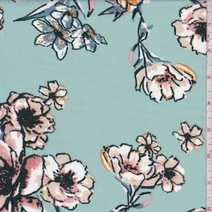 3 3/8 YD PC-Sea Mist Green Floral Rayon Crepe Fabric