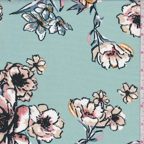 3 3/8 YD PC-Sea Mist Green Floral Rayon Crepe Fabric