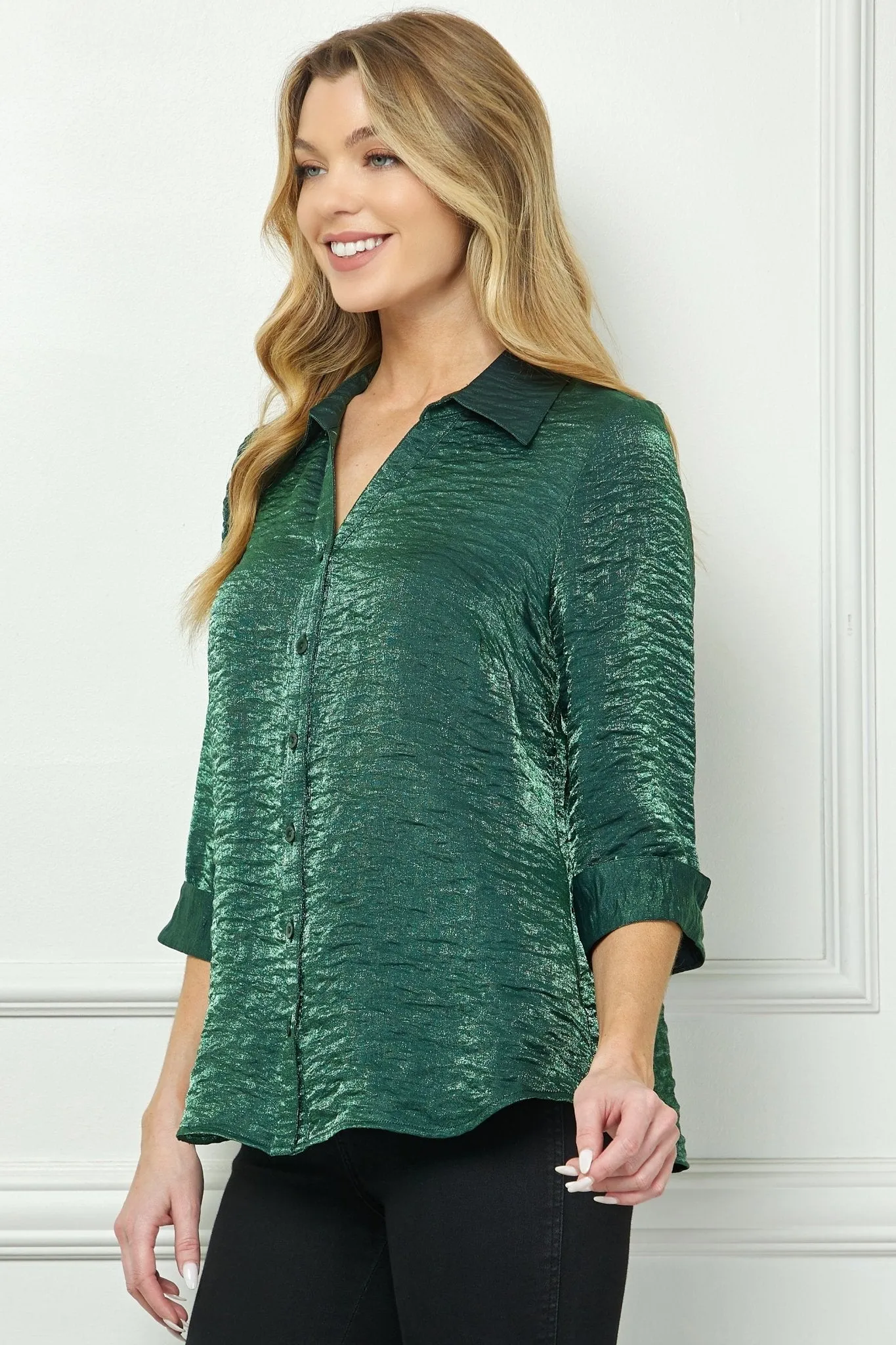 3/4 Sleeve Notch Button-Front Shirt, Hunter