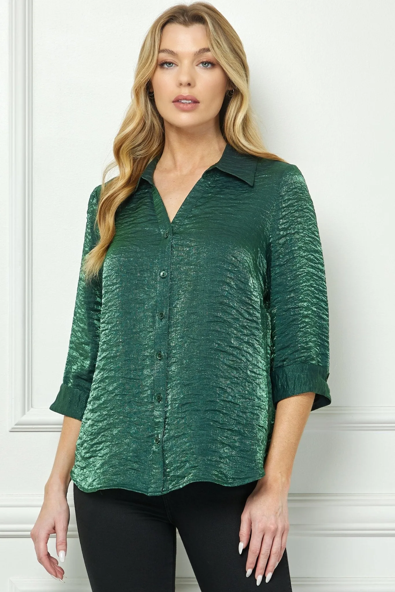 3/4 Sleeve Notch Button-Front Shirt, Hunter