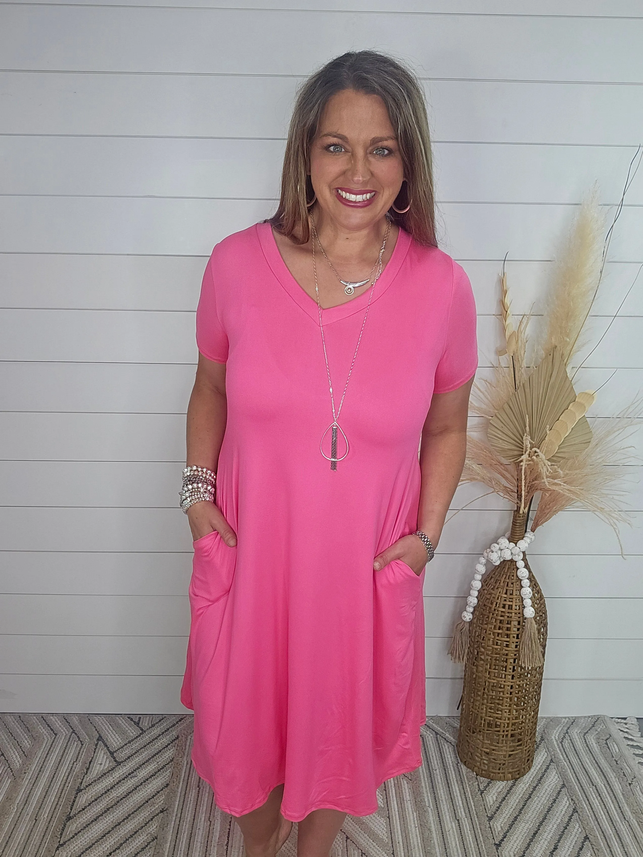 BUTTER SOFT V NECK BASIC DRESS - FUCHSIA