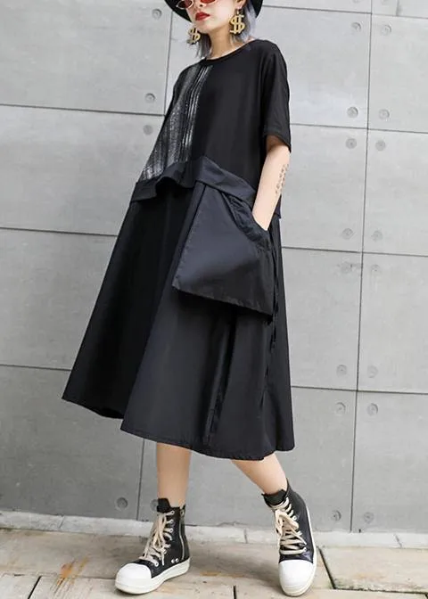 Chic black Cotton Long Shirts o neck patchwork Art summer Dress