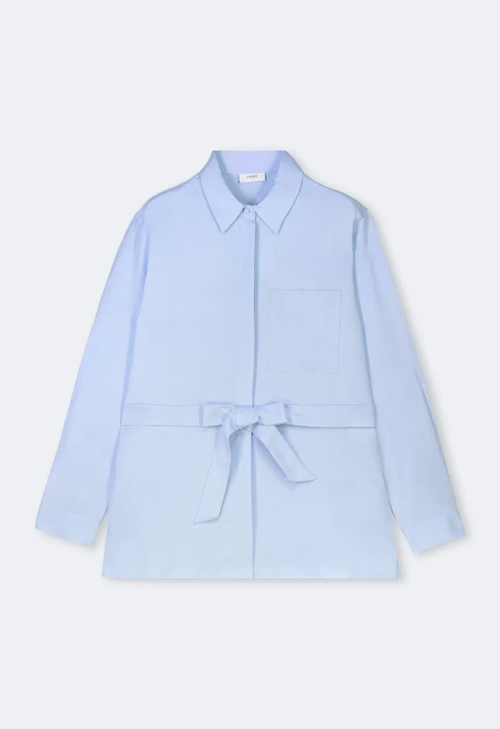 Choice Solid Long Sleeve Belted Shirt Blue