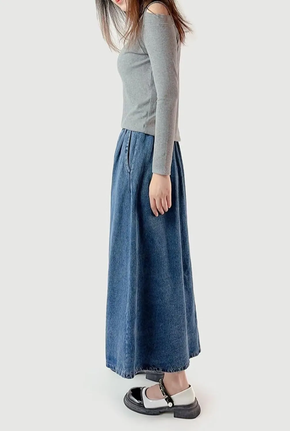 Denim Skirts for Women Y2K Trendy Pleated A Line Long Pull On Elastic Waist Stretchy Jean Skirt with Pockets