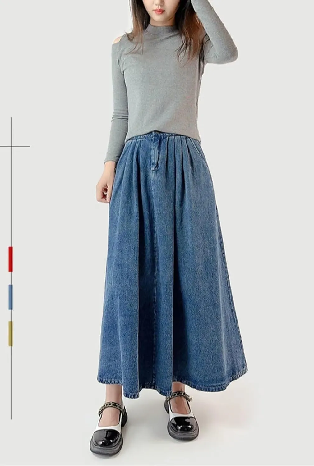 Denim Skirts for Women Y2K Trendy Pleated A Line Long Pull On Elastic Waist Stretchy Jean Skirt with Pockets