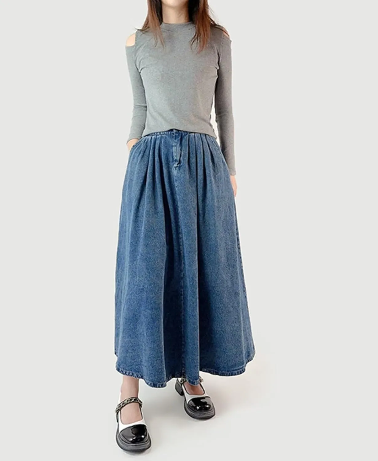 Denim Skirts for Women Y2K Trendy Pleated A Line Long Pull On Elastic Waist Stretchy Jean Skirt with Pockets