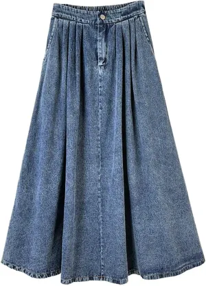 Denim Skirts for Women Y2K Trendy Pleated A Line Long Pull On Elastic Waist Stretchy Jean Skirt with Pockets