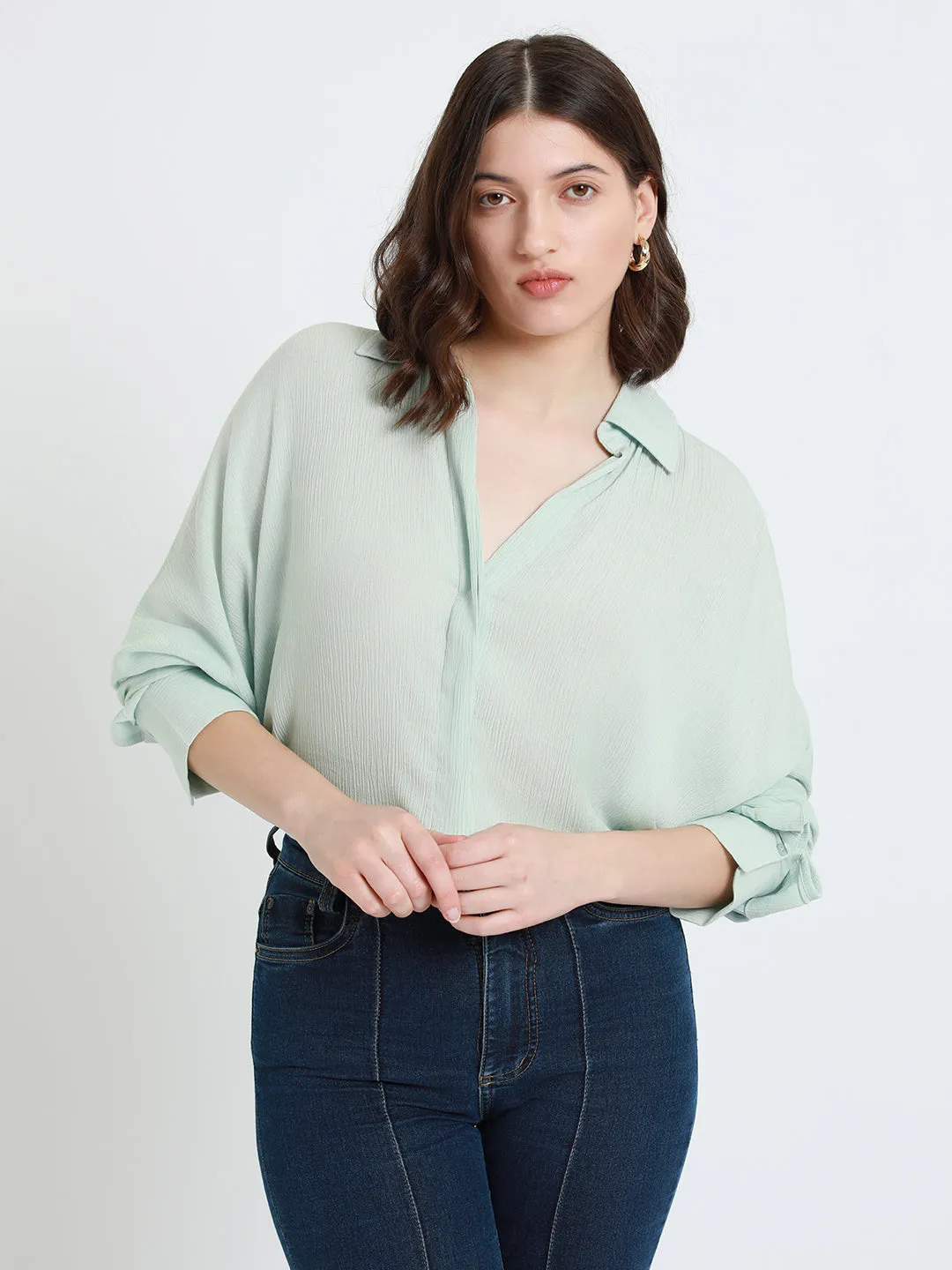DL Woman Shirt Collar Relaxed Fit Solid Mint Shirt