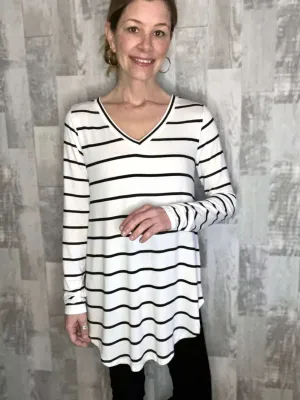 Effortlessly Chic Striped V-Neck Top - Ivory/Black