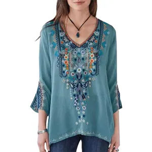 Fabulous Floral Embroidery Three Quarter Sleeve Befree Shirt