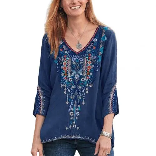 Fabulous Floral Embroidery Three Quarter Sleeve Befree Shirt