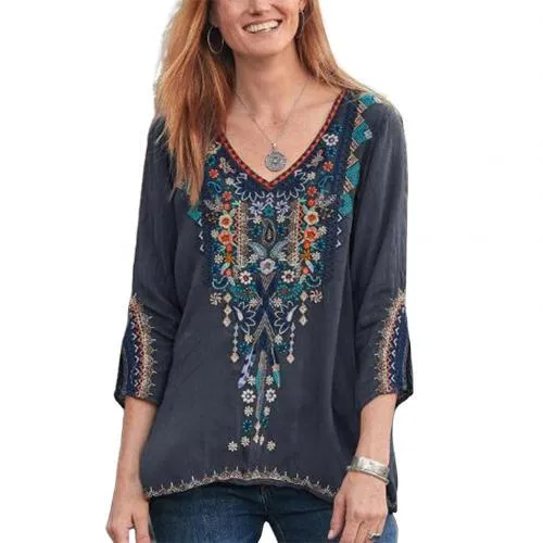 Fabulous Floral Embroidery Three Quarter Sleeve Befree Shirt