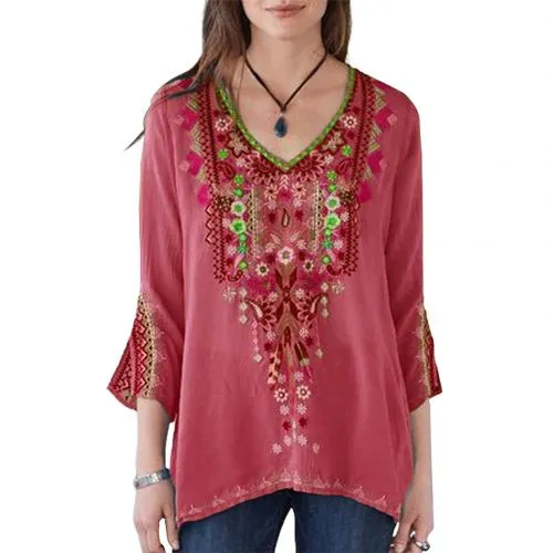 Fabulous Floral Embroidery Three Quarter Sleeve Befree Shirt