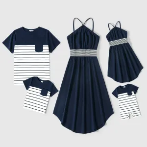 Family Matching Solid Spaghetti Strap Dresses and Striped Colorblock Short-sleeve T-shirts Sets