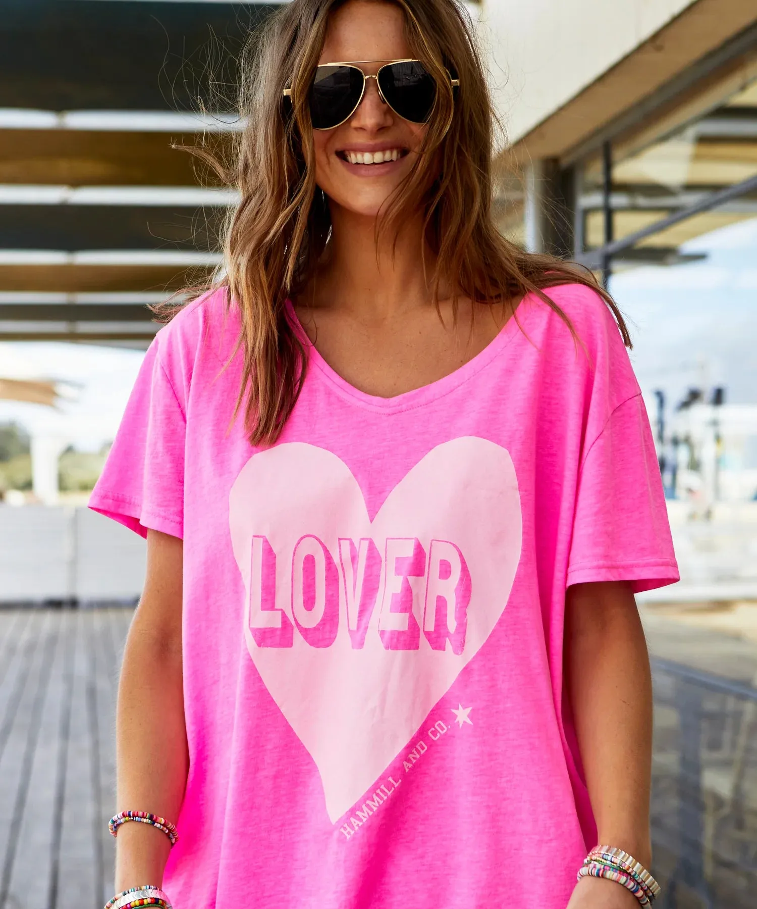 HAMMILL & CO Womens Vintage Wash Lover Heart Tee - Hot Pink