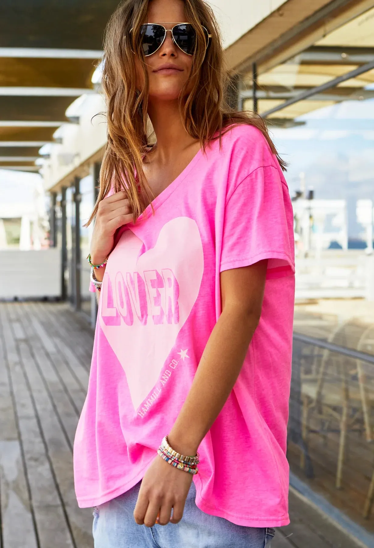 HAMMILL & CO Womens Vintage Wash Lover Heart Tee - Hot Pink
