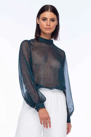 Harper Emerald Leopard High Neck Chiffon Top