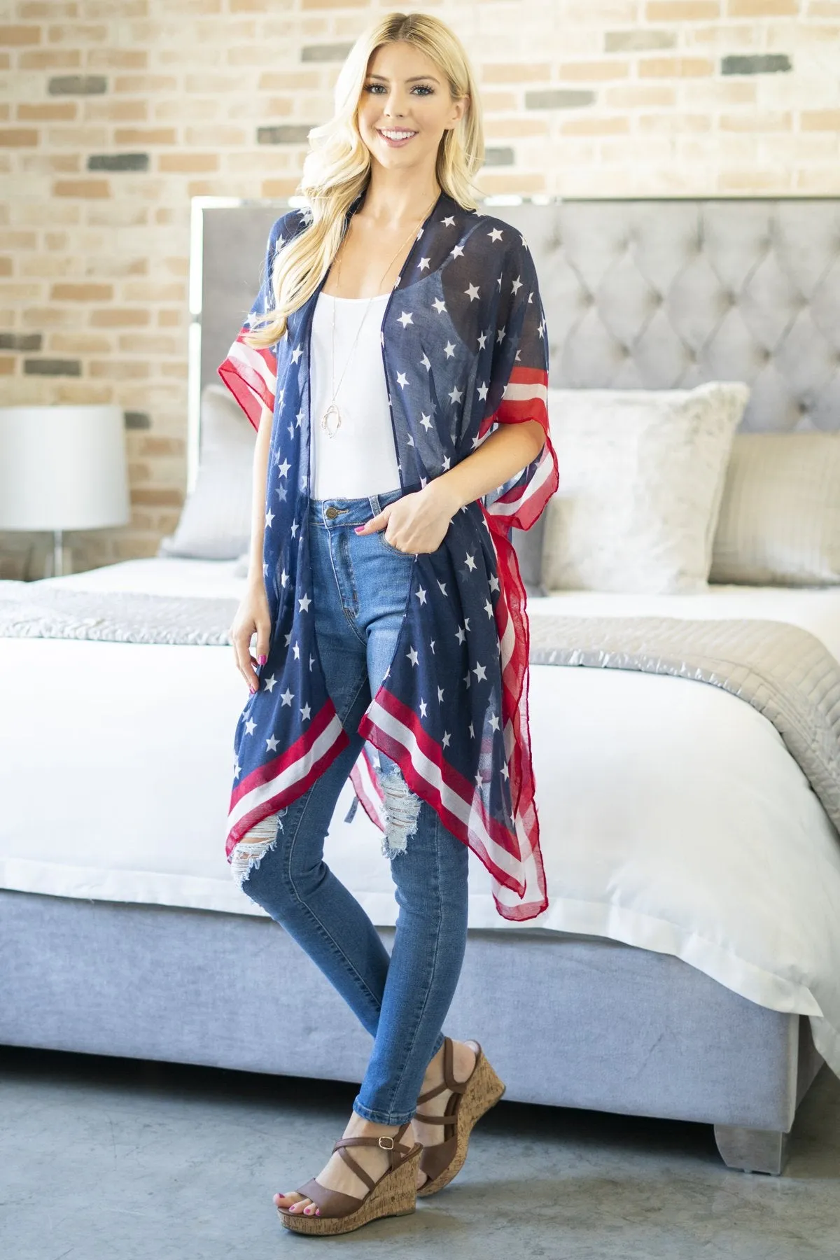 Hdf2842 - Usa Accent Knee Length Open Front Kimono