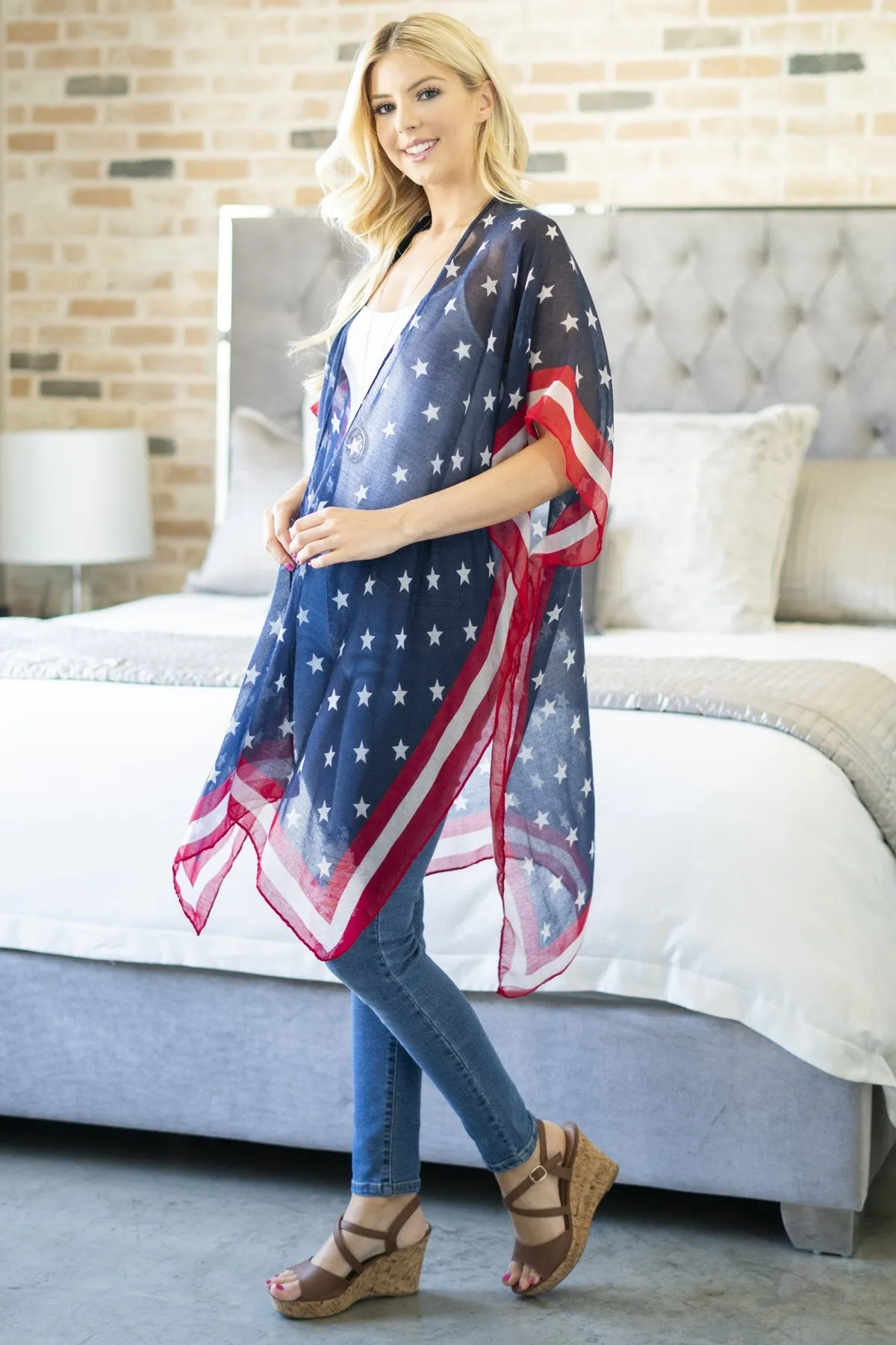 Hdf2842 - Usa Accent Knee Length Open Front Kimono