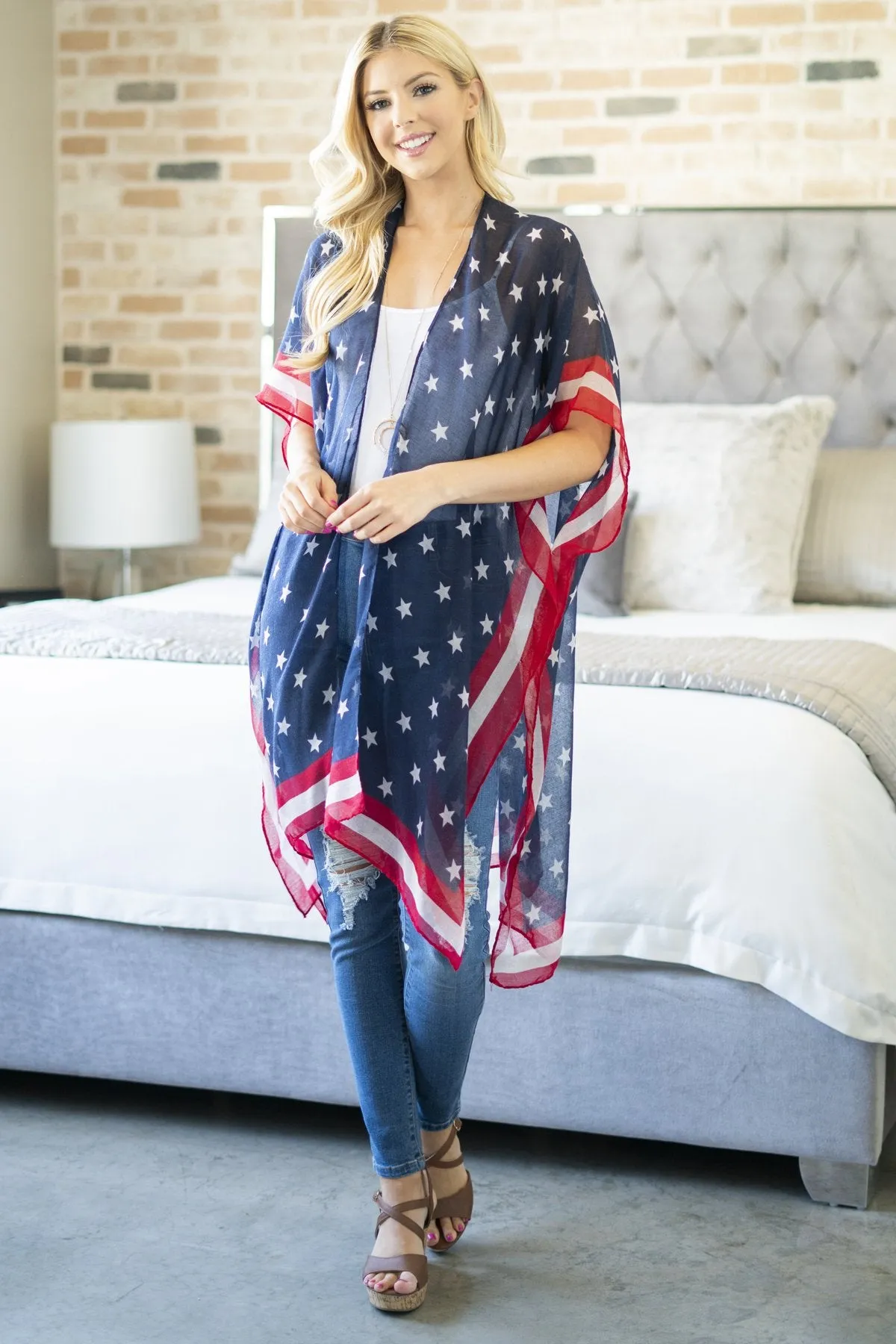 Hdf2842 - Usa Accent Knee Length Open Front Kimono