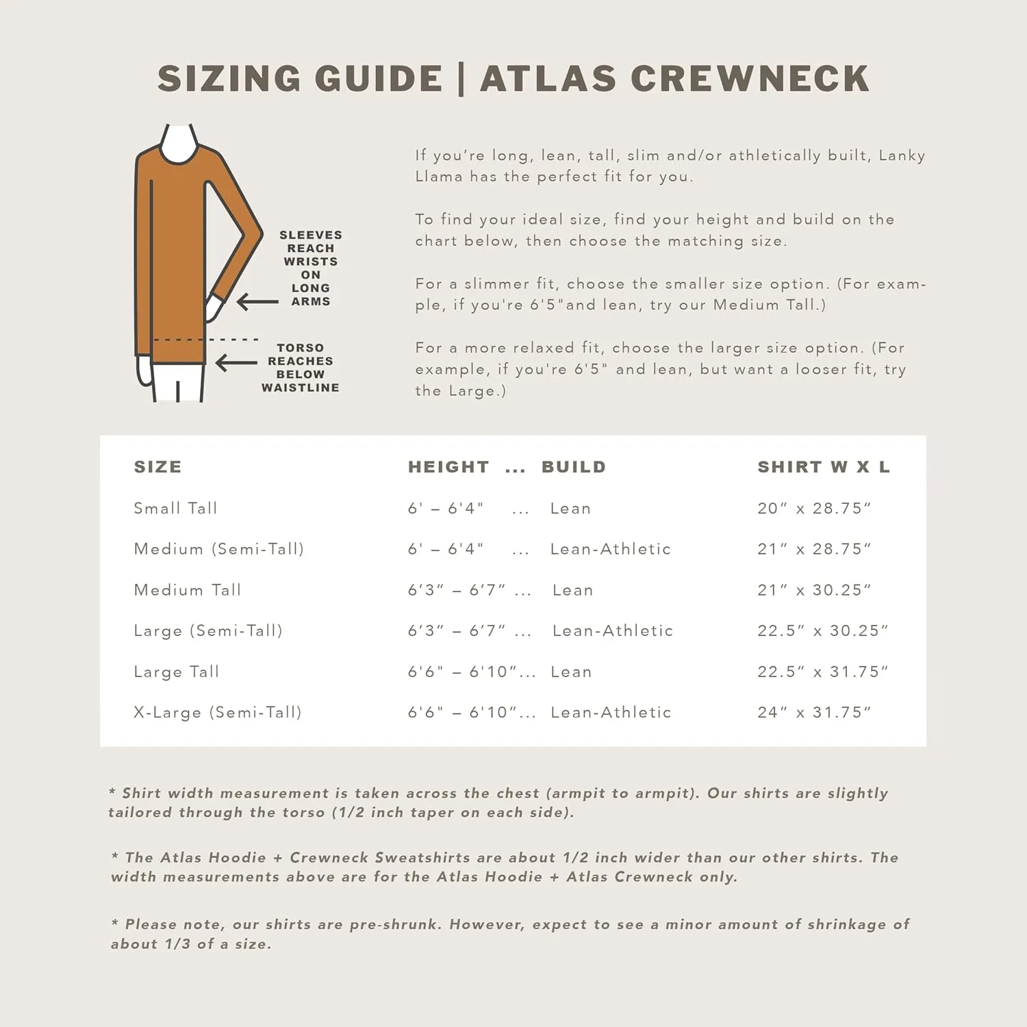 Lanky Llama (NEW) Atlas Crew Neck Sweatshirt | Raglan Sleeve | For Tall Slim Men