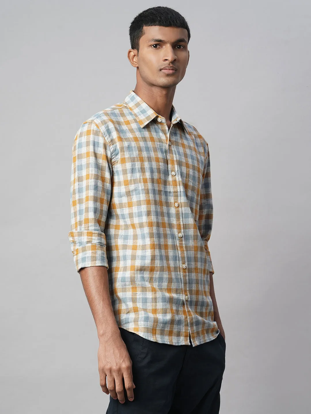 Men's Mustard Cotton Linen Regular Fit Shirt
