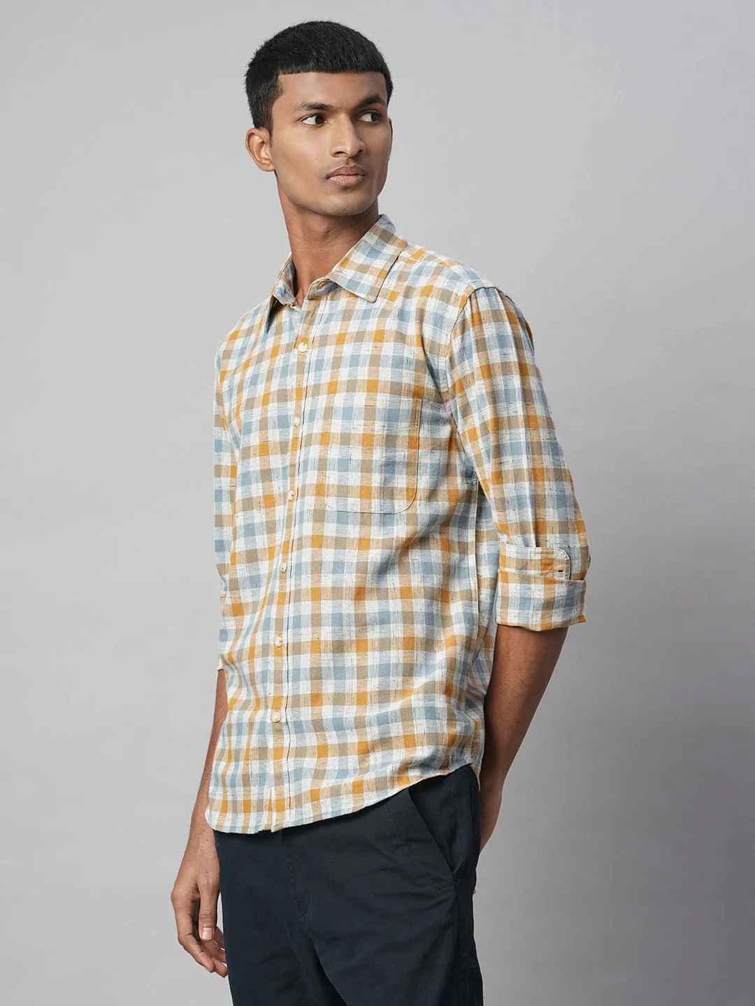 Men's Mustard Cotton Linen Regular Fit Shirt
