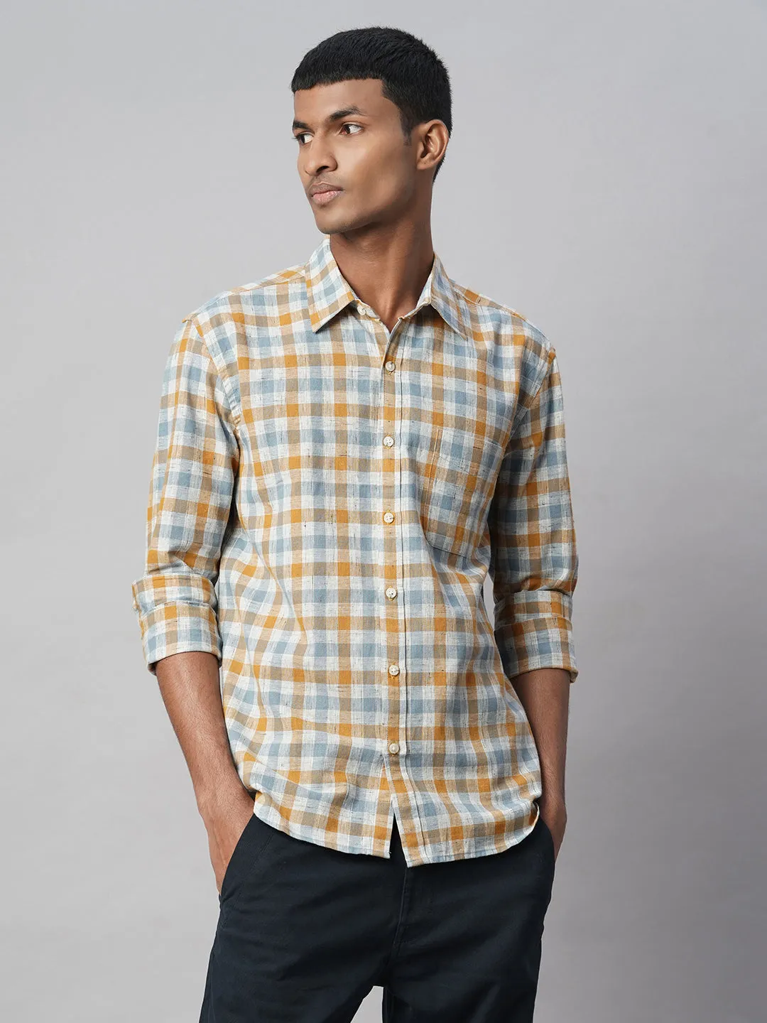 Men's Mustard Cotton Linen Regular Fit Shirt