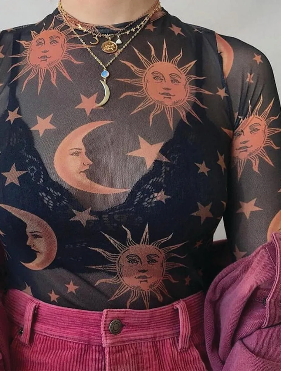 Natal Sun And Moon Long Sleeve Slim Mesh Top