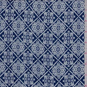 Navy/White Medallion Diamond Rayon Crepe Fabric