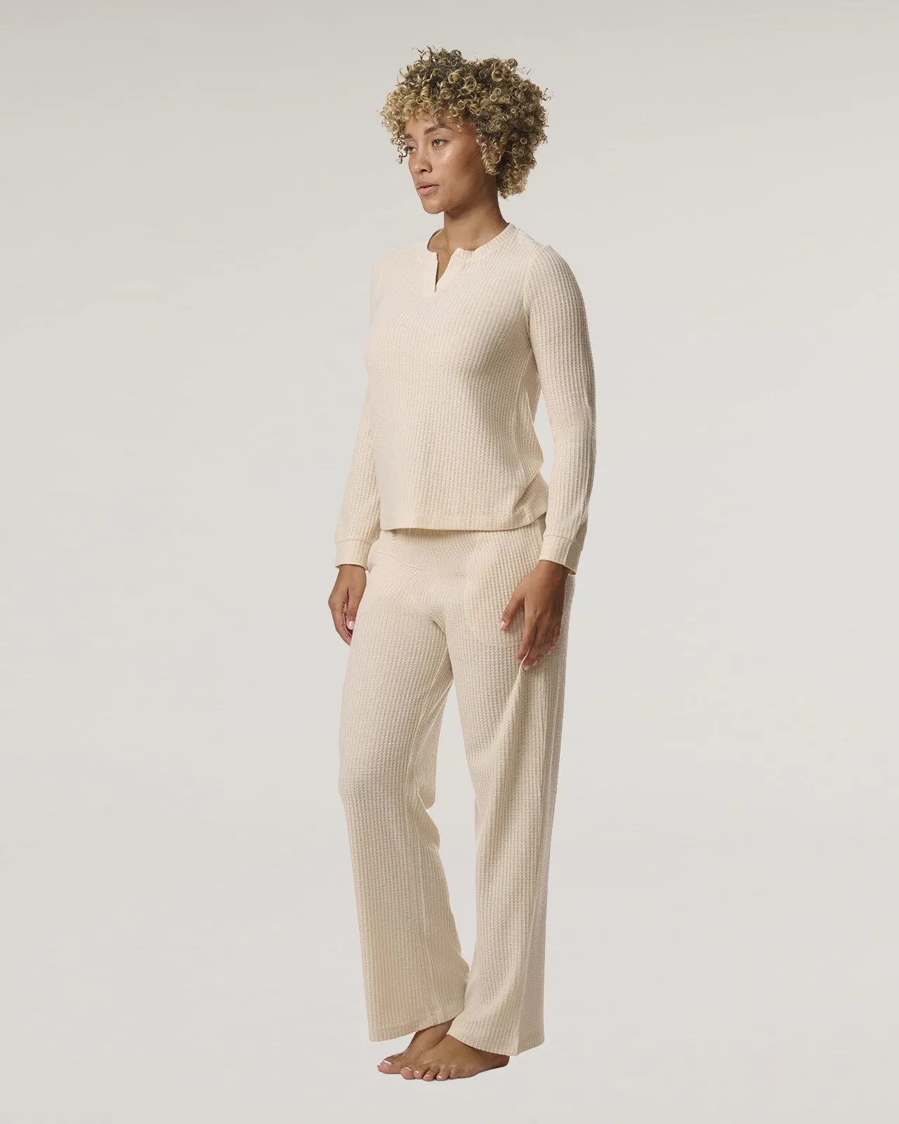 Pink Tint Split Crewneck Waffle Knit Sleep Set