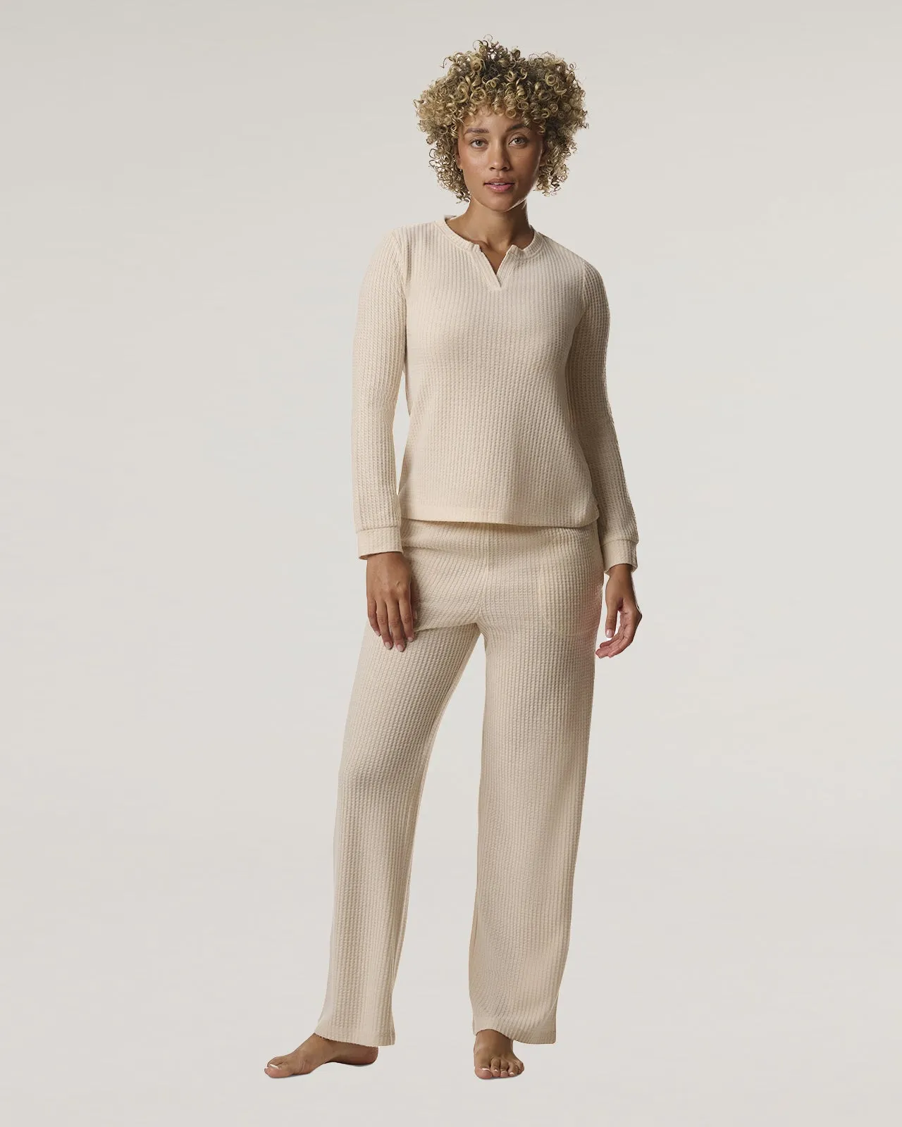 Pink Tint Split Crewneck Waffle Knit Sleep Set