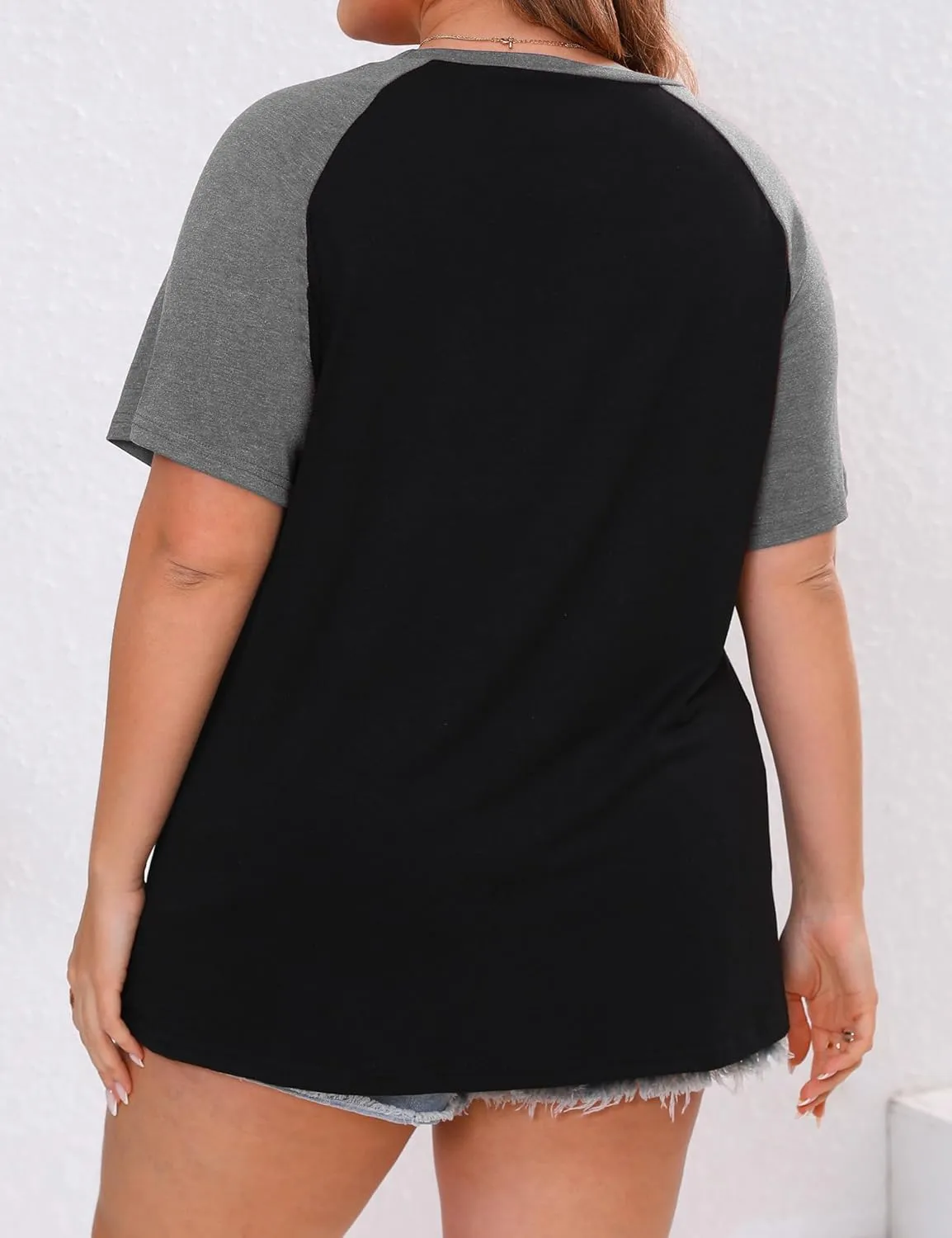 Plus Size Color Block Short Sleeve Shirts Women Raglan Tshirts Casual Summer Tops