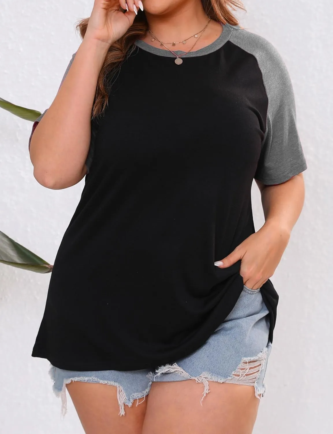 Plus Size Color Block Short Sleeve Shirts Women Raglan Tshirts Casual Summer Tops