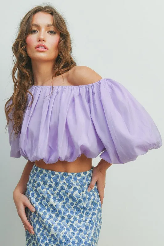Purple Bubble Sleeves Crop Short Sleeve Top