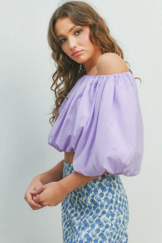 Purple Bubble Sleeves Crop Short Sleeve Top