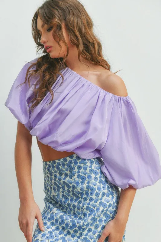Purple Bubble Sleeves Crop Short Sleeve Top