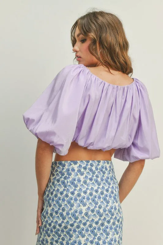 Purple Bubble Sleeves Crop Short Sleeve Top
