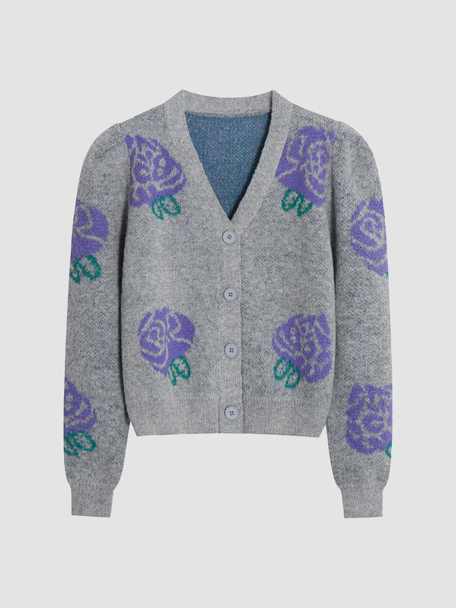 Purple Floral Knitted Cardigan