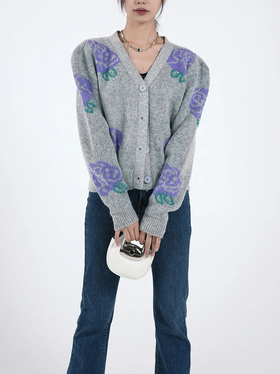 Purple Floral Knitted Cardigan