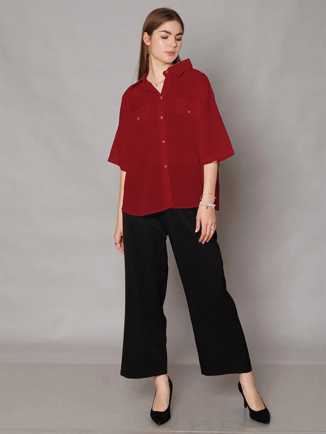 Red Textured Relaxed Fit Shirt