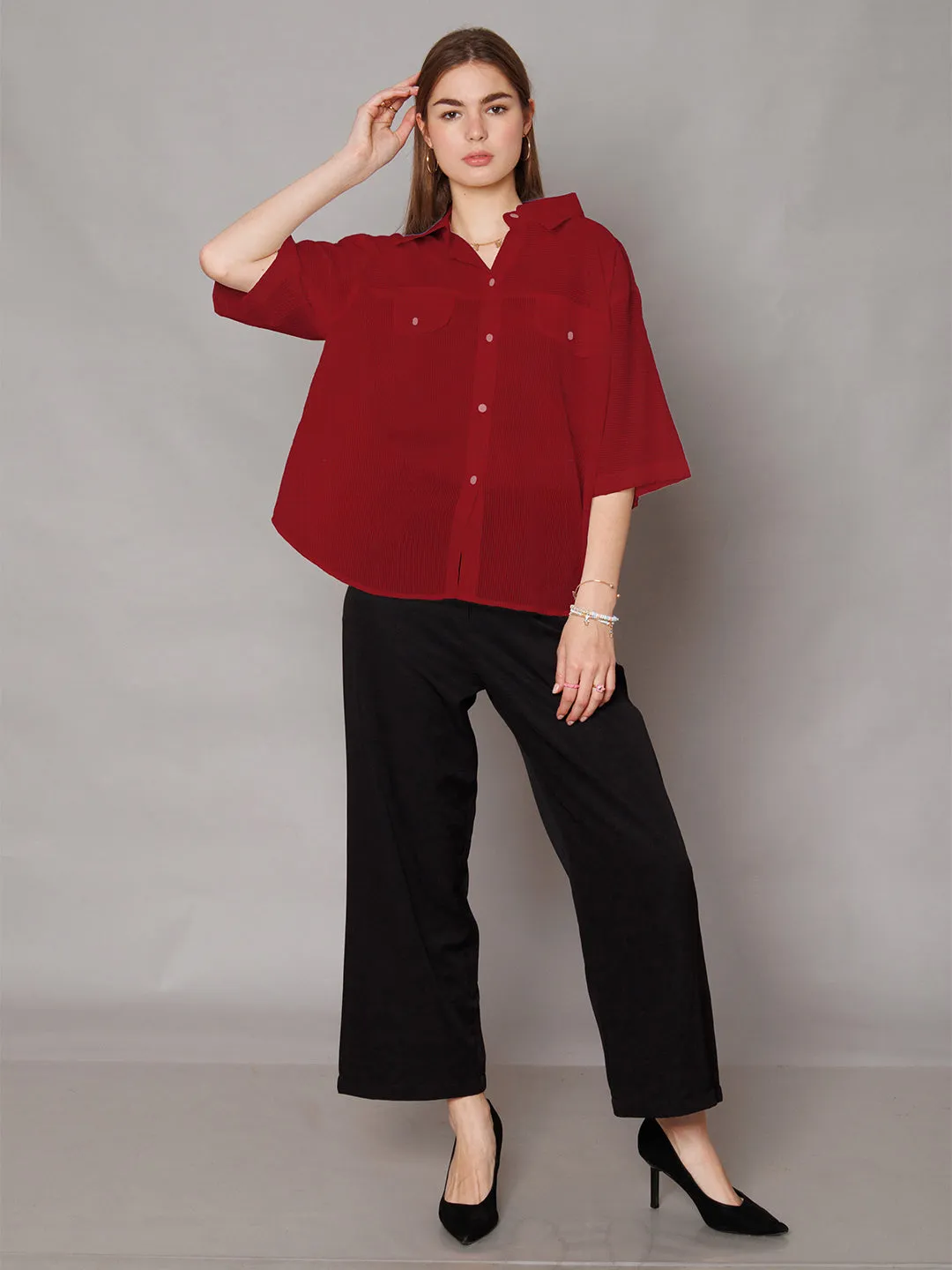 Red Textured Relaxed Fit Shirt