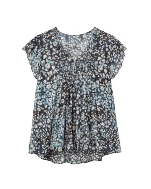 Ruthie Flutter Sleeve Blouse with Pleating | Black / Light Grey