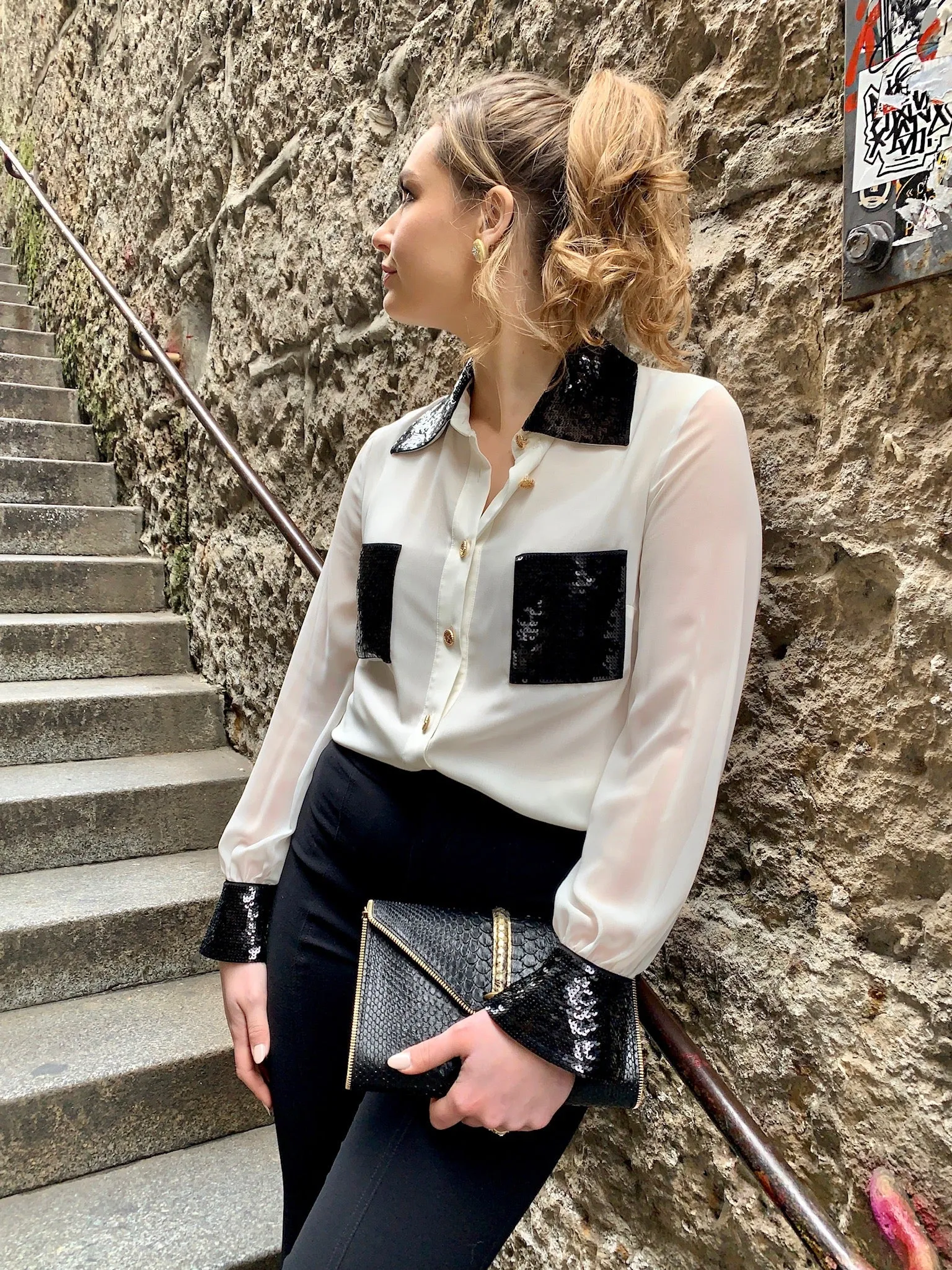 Sequins Shirt - Ivory with Black Sequins