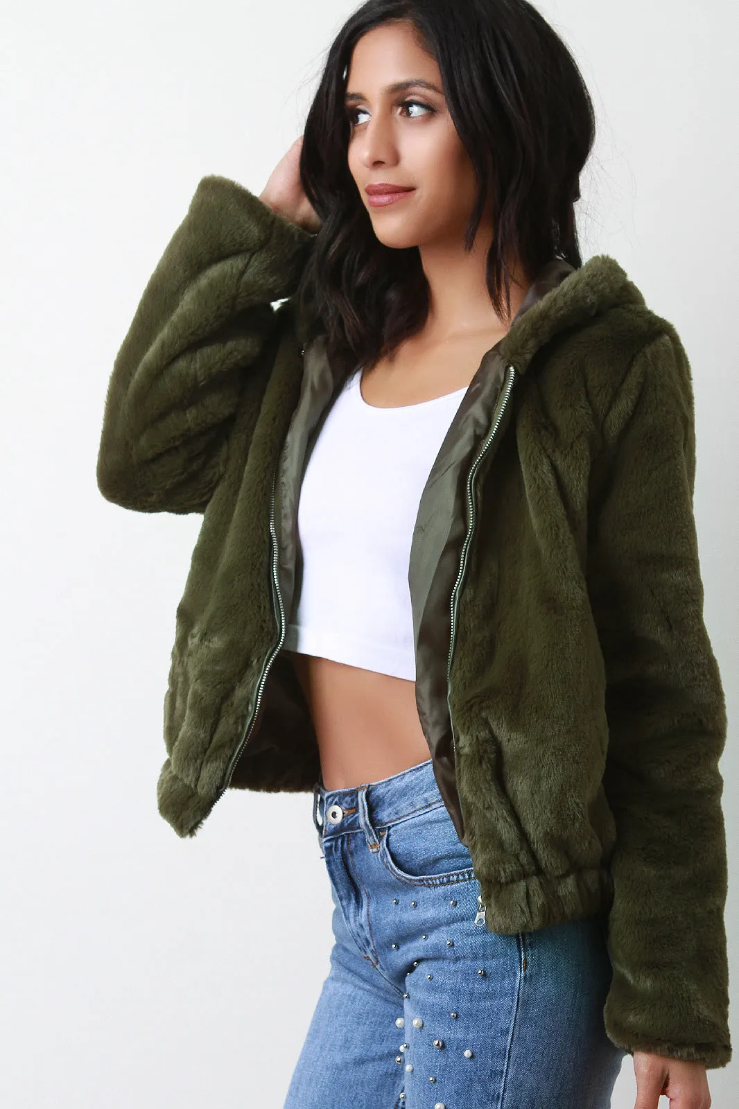 Soft Faux Fur Hooded Zip-Up Jacket
