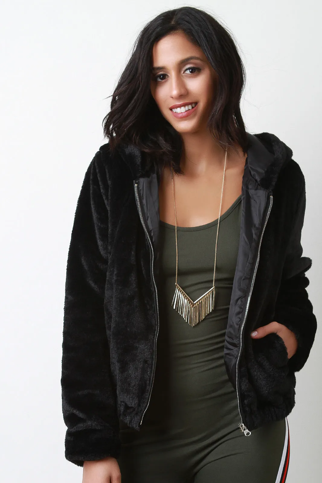 Soft Faux Fur Hooded Zip-Up Jacket