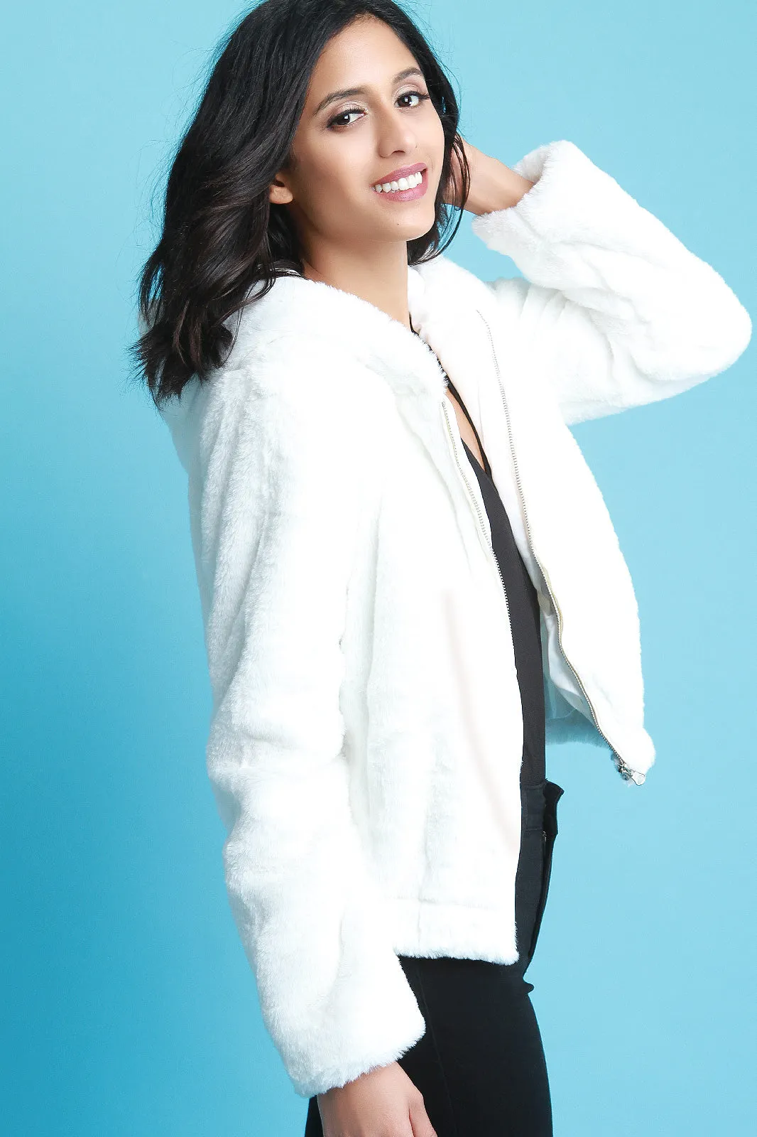 Soft Faux Fur Hooded Zip-Up Jacket