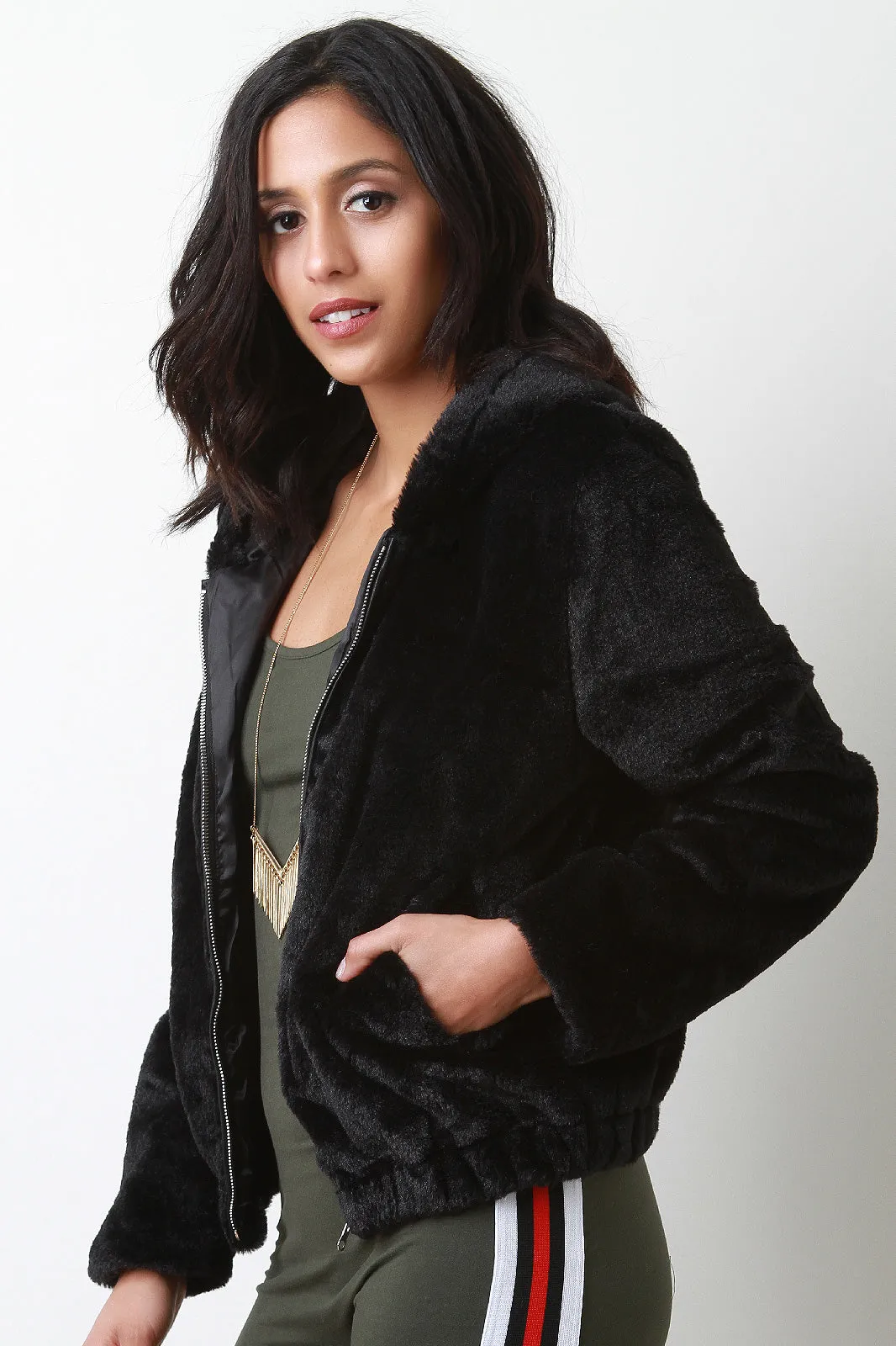 Soft Faux Fur Hooded Zip-Up Jacket