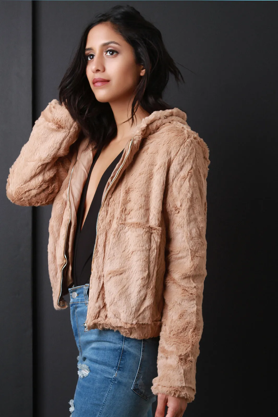 Soft Faux Fur Hooded Zip-Up Jacket