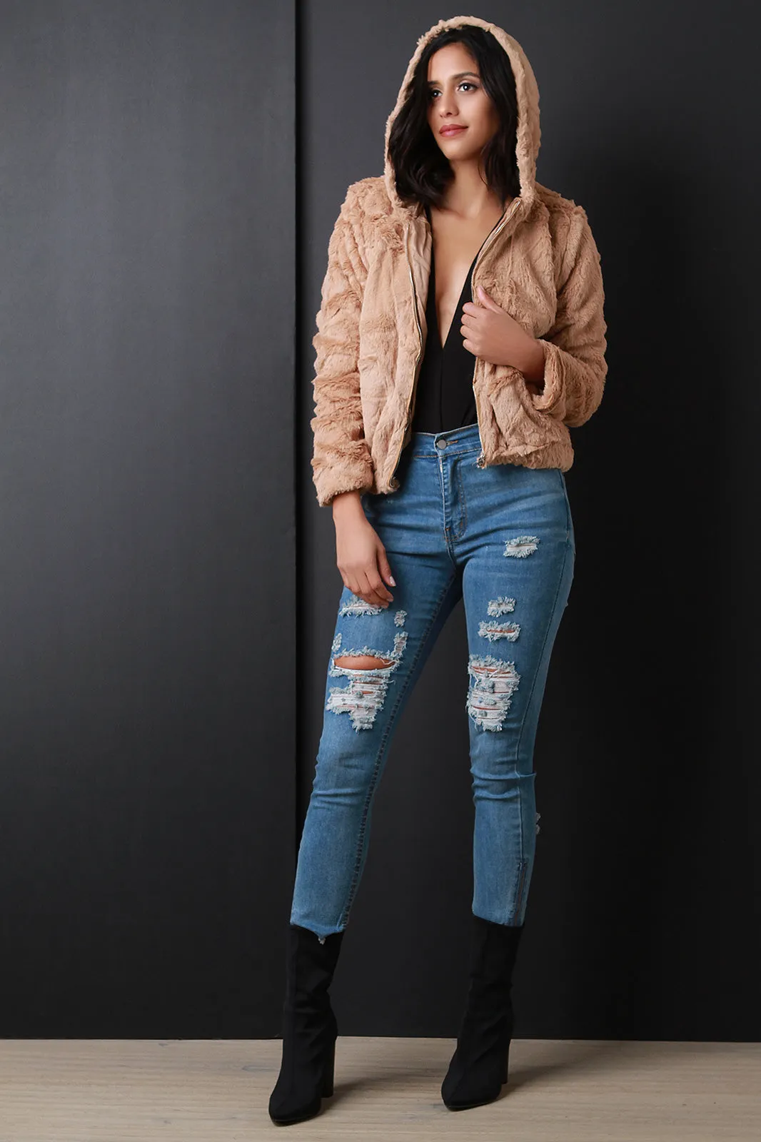 Soft Faux Fur Hooded Zip-Up Jacket